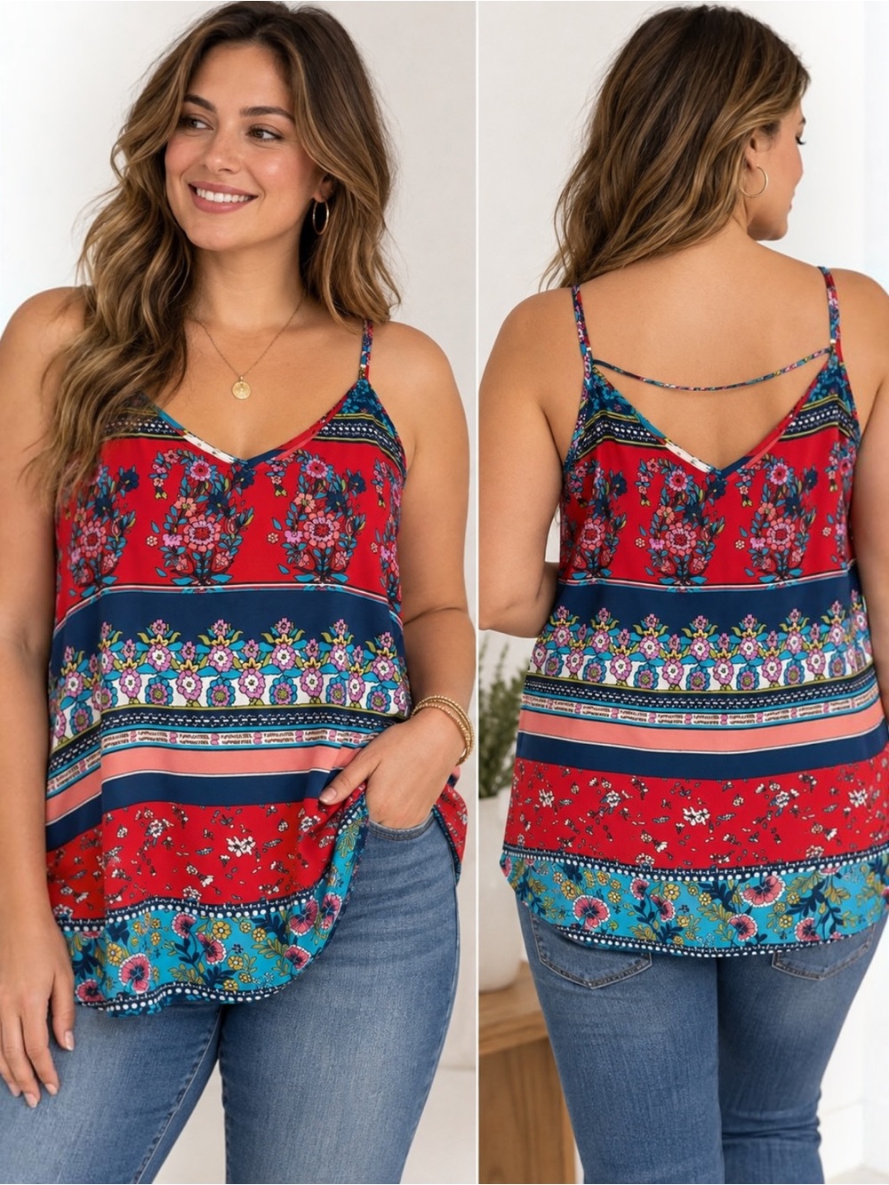 Maurices Size 2 2X Floral Boho Strappy Back Cami Tank Top Red Navy